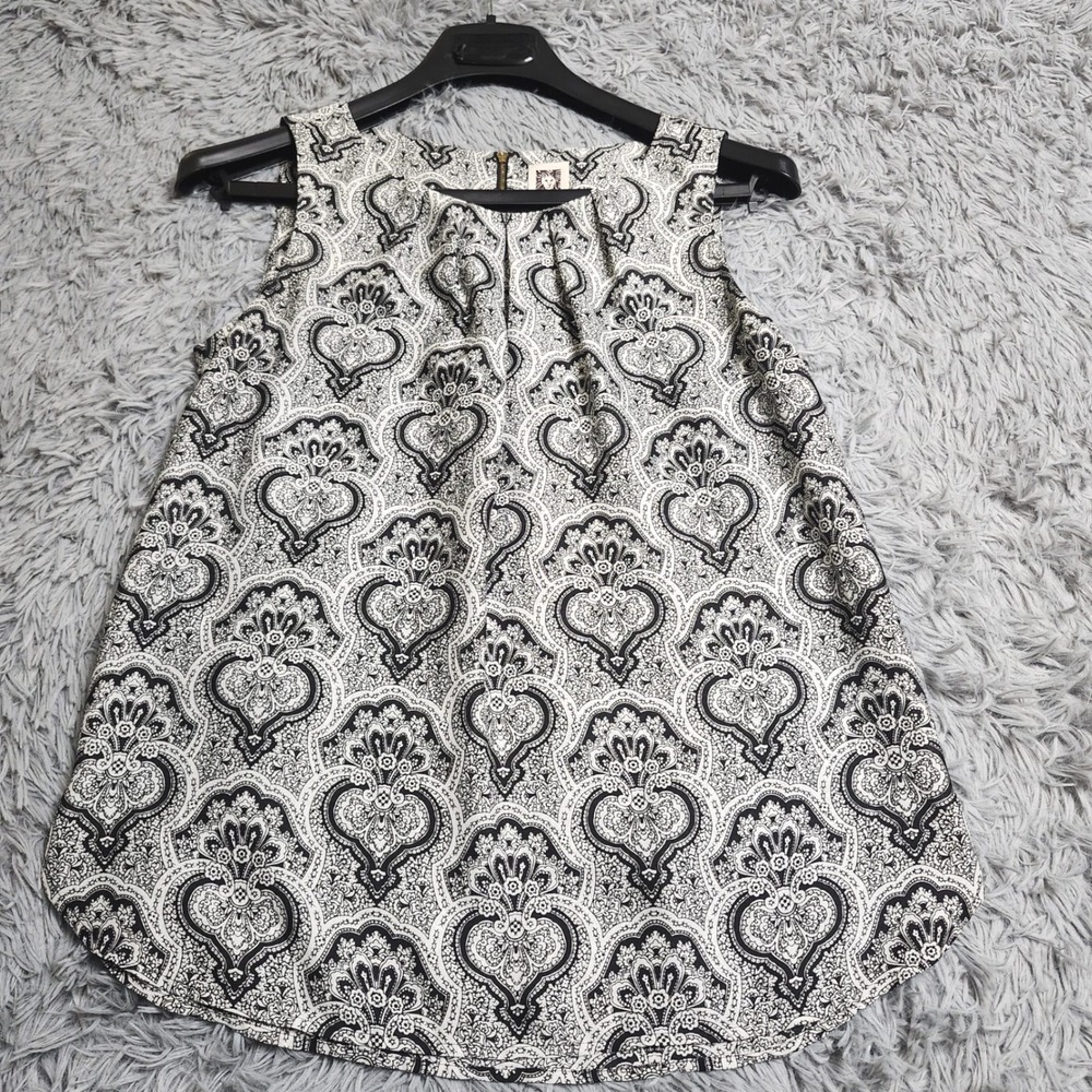 Anne Klein Blouse Womens Medium Black Damask Paisley Sleeveless Shell Zip Back